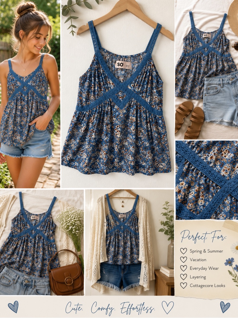 SO Babydoll Y2K Tank Top Junior Large Blue Floral Crochet Trim Boho Cottagecore